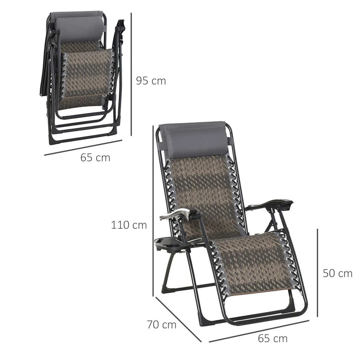 Outsunny Tumbona Plegable De Ratán Con Respaldo Ajustable Reposacabezas Extraíble Portavasos Y Soporte Para Teléfono Jardín Terraza Al Aire Libre 65x70x110 Cm Gris 5 Outsunny Tumbona Plegable De Ratán Con Respaldo Ajustable Reposacabezas Extraíble Portavasos Y Soporte Para Teléfono Jardín Terraza Al Aire Libre 65x70x110 Cm Gris - Imagen 3