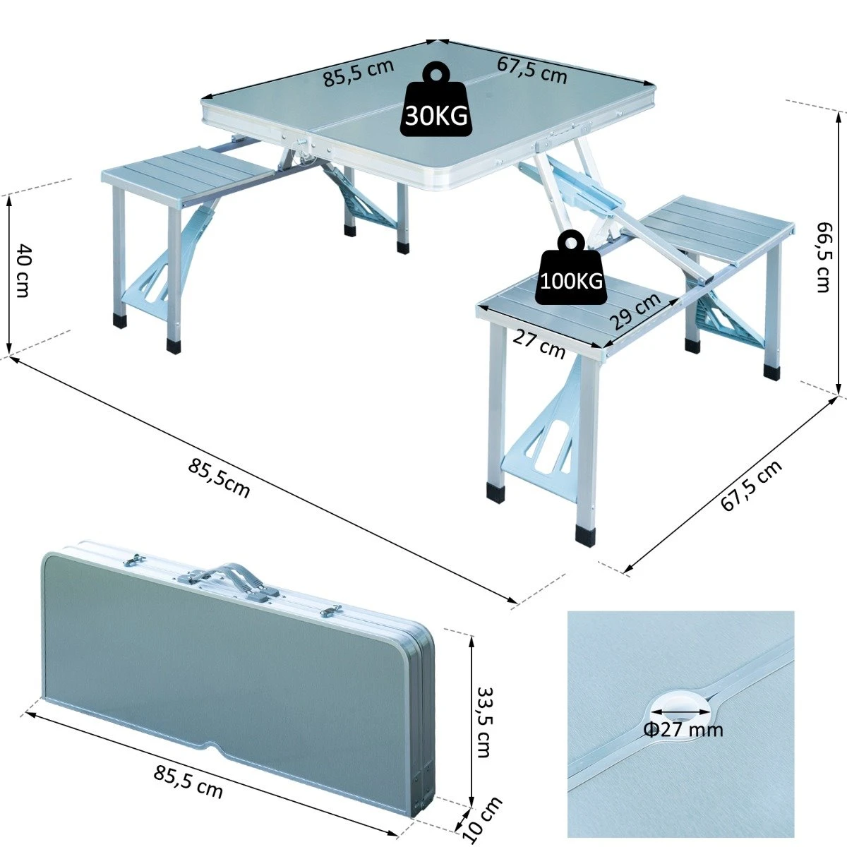 Outsunny Mesa Maleta De Camping Plegable Portátil Con 4 Asientos Y Agujero Para Sombrilla Estructura De Aluminio Para Playa Picnic 136x85,5x66 Cm Plata 5 Outsunny Mesa Maleta De Camping Plegable Portátil Con 4 Asientos Y Agujero Para Sombrilla Estructura De Aluminio Para Playa Picnic 136x85,5x66 Cm Plata - Imagen 3