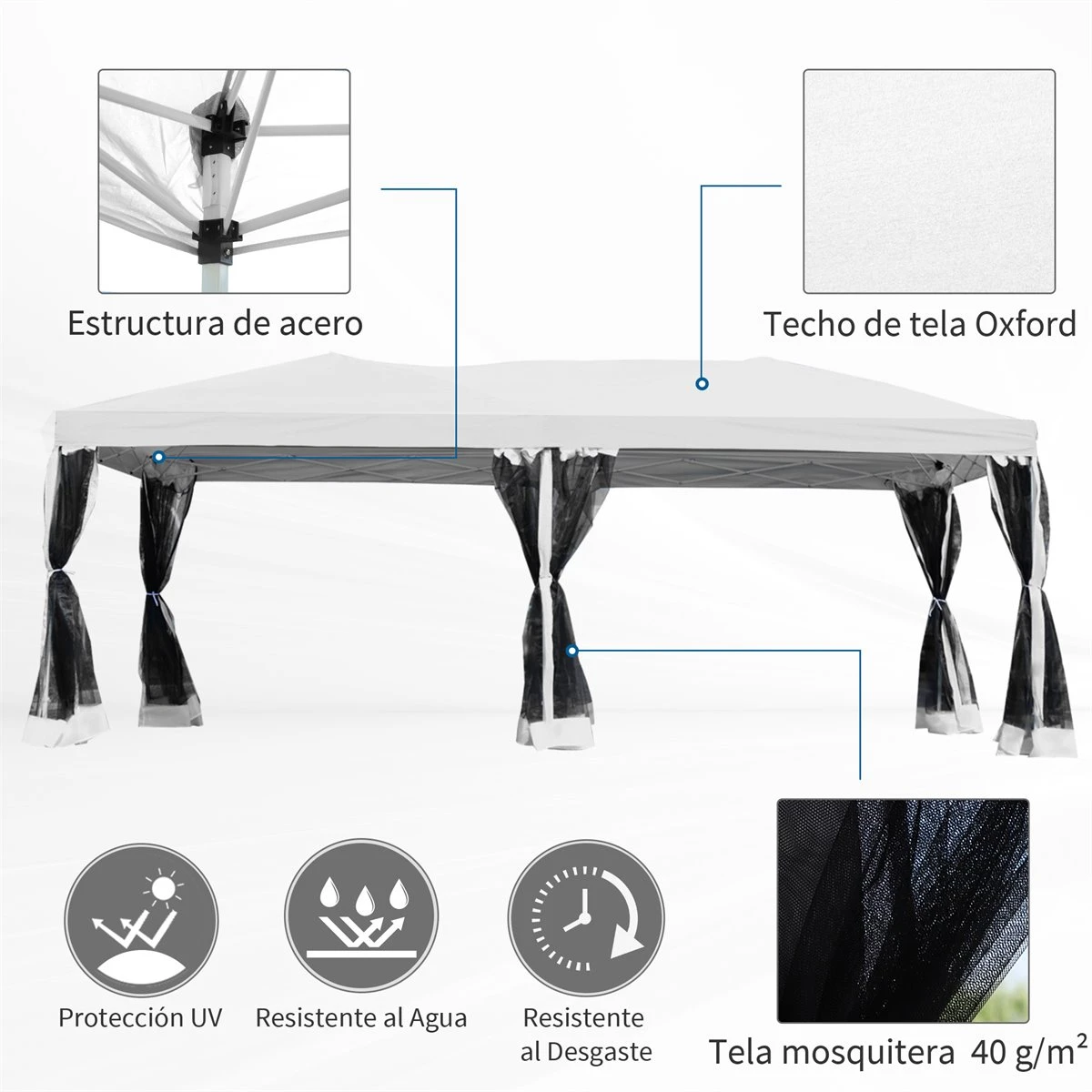 Outsunny Carpa 6x3m Plegable Gazebo Para Jardín Cenador Con 6 Cortinas Mosquitera Y Cremallera Bolsa Transporte Montaje Fácil Acero Tela Oxford Blanco 6 Outsunny Carpa 6x3m Plegable Gazebo Para Jardín Cenador Con 6 Cortinas Mosquitera Y Cremallera Bolsa Transporte Montaje Fácil Acero Tela Oxford Blanco - Imagen 4