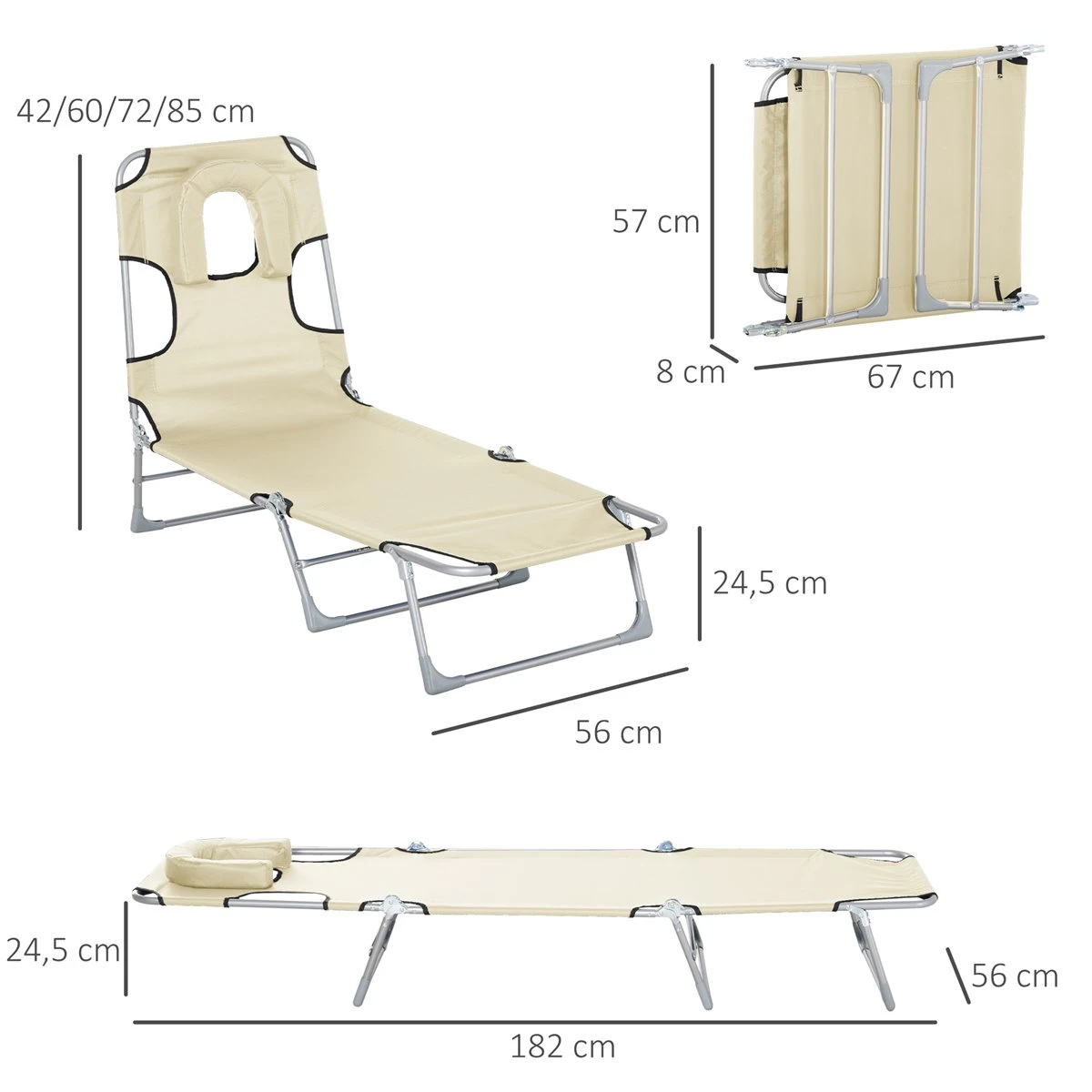 Outsunny Tumbona Reclinable Y Plegable De Jardín Con Orificio De Lectura Reposacabezas Y Respaldo Ajustable En 5 Niveles Para Playa 182x56x24,5 Cm Beige 5 Outsunny Tumbona Reclinable Y Plegable De Jardín Con Orificio De Lectura Reposacabezas Y Respaldo Ajustable En 5 Niveles Para Playa 182x56x24,5 Cm Beige - Imagen 3