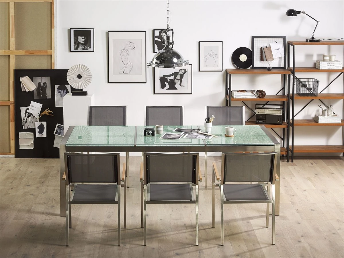 Mesa De Comedor De Metal/vidrio Templado Transparente/plateado 220 X 100 Cm GROSSETO 7 Mesa De Comedor De Metal/vidrio Templado Transparente/plateado 220 X 100 Cm GROSSETO - Imagen 5