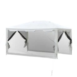 Outsunny Carpa 4x3 M Cenador De Jardín Con Mosquiteras Laterales Doble Techo Y Puertas Con Cremallera Para Exterior Blanco Y Negro