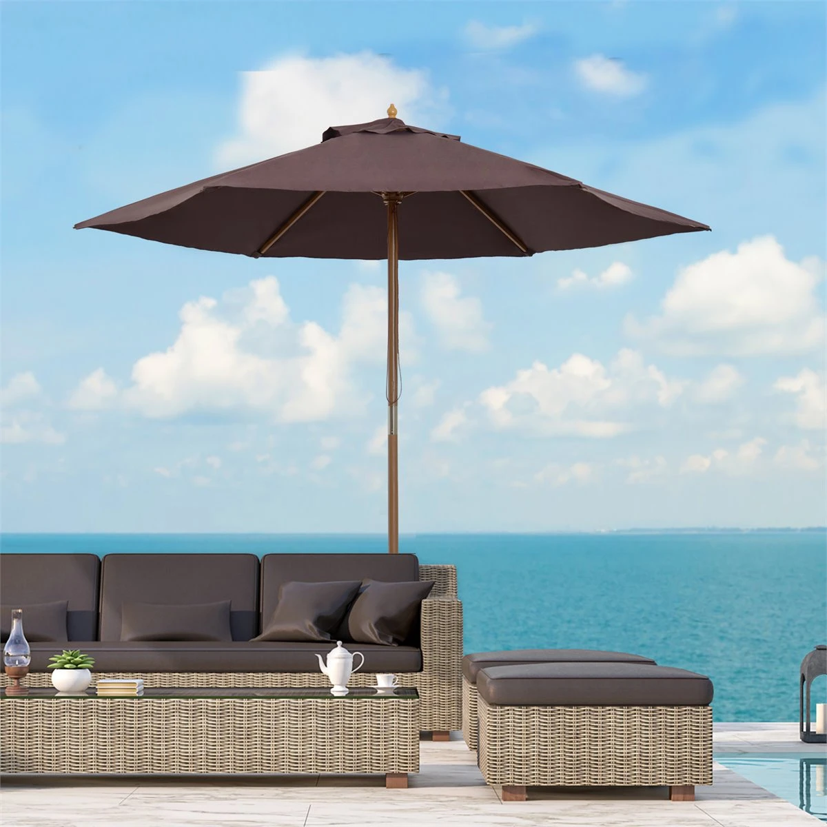 Outsunny Sombrilla Parasol De Madera Ø250x230cm Para Exterior Con 6 Varillas Sistema De Cuerda Con Fijación Desmontable Portátil Fácil De Guardar Y Transportar Café 9 Outsunny Sombrilla Parasol De Madera Ø250x230cm Para Exterior Con 6 Varillas Sistema De Cuerda Con Fijación Desmontable Portátil Fácil De Guardar Y Transportar Café - Imagen 7