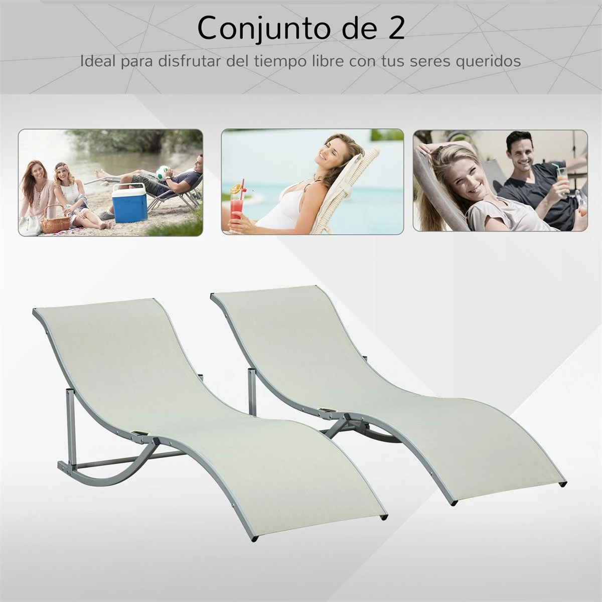 Outsunny 2 Tumbonas Plegables En Forma De S Ergonómica Con Marco De Aluminio Texteline Para Piscina Patio Jardín Terraza 165x61x63 Cm Beige 9 Outsunny 2 Tumbonas Plegables En Forma De S Ergonómica Con Marco De Aluminio Texteline Para Piscina Patio Jardín Terraza 165x61x63 Cm Beige - Imagen 7