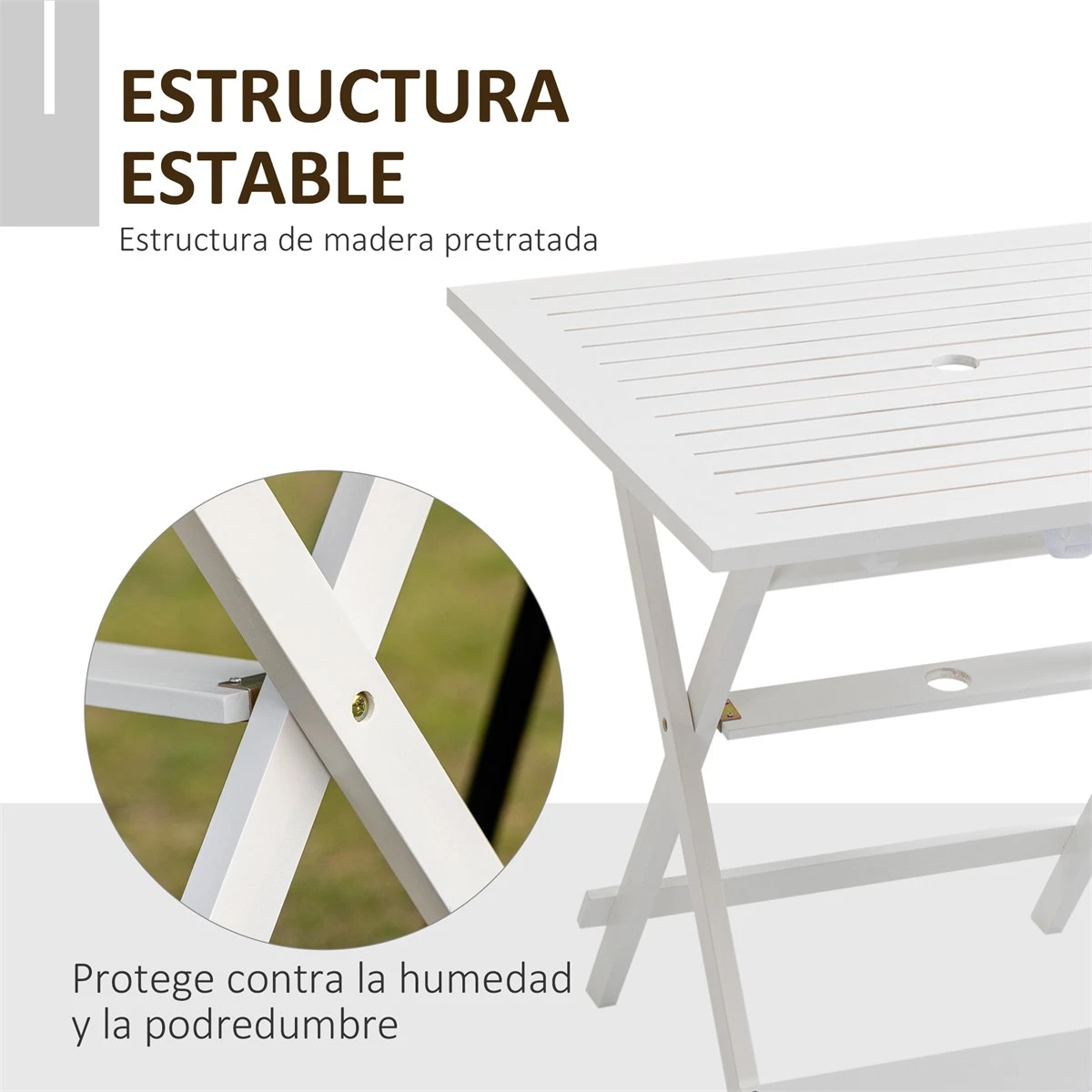 Outsunny Mesa De Jardín Plegable De Madera Maciza Con Agujero Para Sombrilla Mesa Cuadrada De Exterior Para Camping Viaje Picnic Terraza Balcón 70x70x70 Cm Blanco 8 Outsunny Mesa De Jardín Plegable De Madera Maciza Con Agujero Para Sombrilla Mesa Cuadrada De Exterior Para Camping Viaje Picnic Terraza Balcón 70x70x70 Cm Blanco - Imagen 6