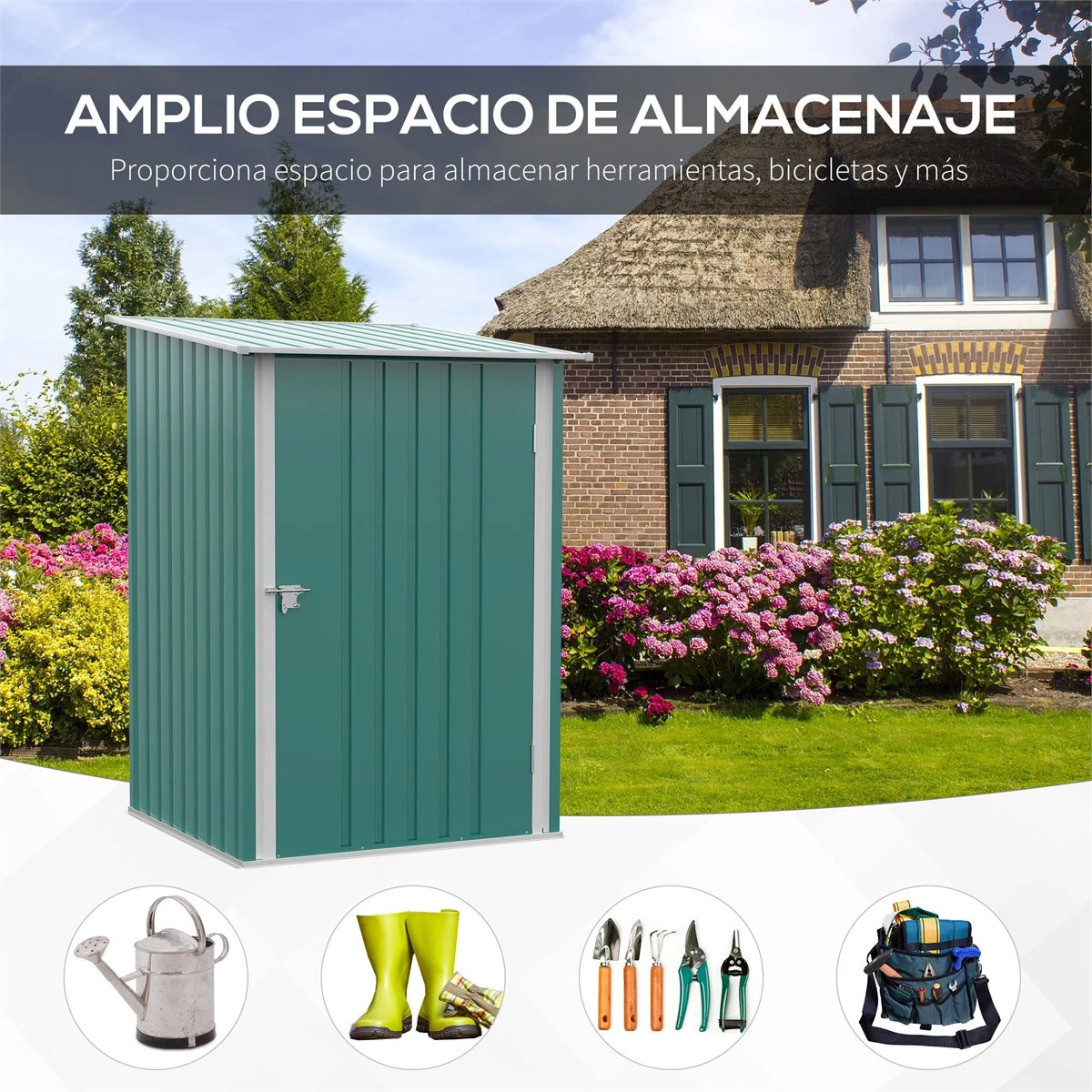 Outsunny Caseta De Jardín 0,92 M² 100x103x160 Cm Cobertizo Exterior De Acero Galvanizado Con Puerta Cerradura Y Techo Inclinado Para Almacenamiento De Herramientas Verde 6 Outsunny Caseta De Jardín 0,92 M² 100x103x160 Cm Cobertizo Exterior De Acero Galvanizado Con Puerta Cerradura Y Techo Inclinado Para Almacenamiento De Herramientas Verde - Imagen 4