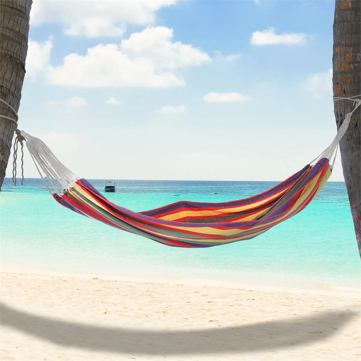 Outsunny Hamaca De Algodón Para Jardín 210x150 Cm Hamaca Colgante Portátil Carga Máx. 180 Kg Para Acampar Piscina Camping Rayas Multicolor 4 Outsunny Hamaca De Algodón Para Jardín 210x150 Cm Hamaca Colgante Portátil Carga Máx. 180 Kg Para Acampar Piscina Camping Rayas Multicolor - Imagen 2