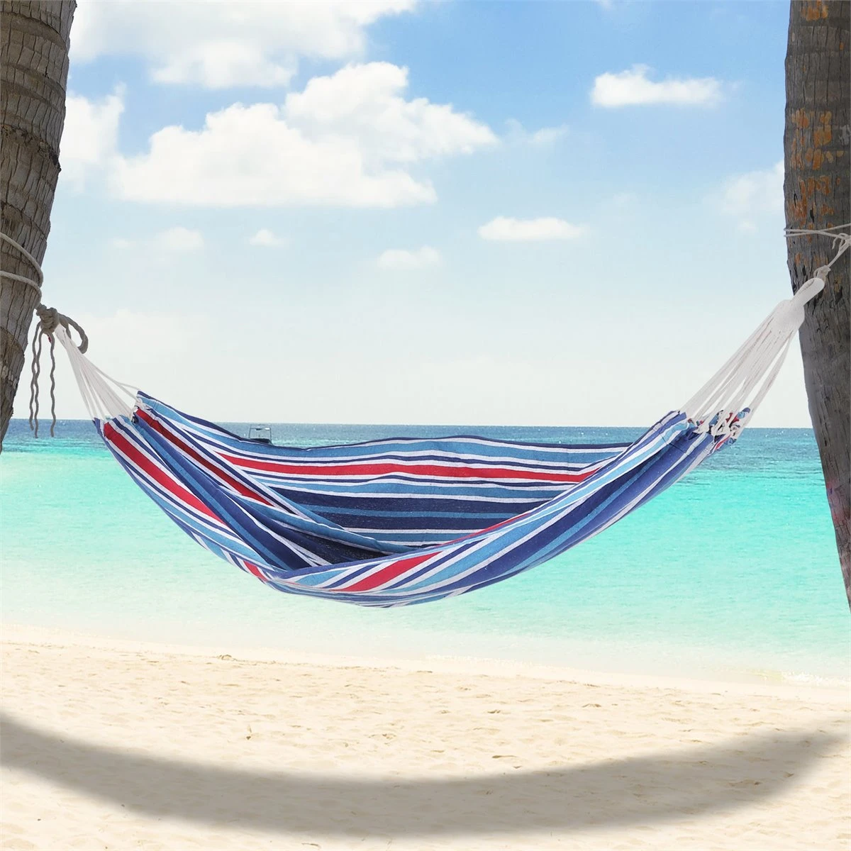 Outsunny Hamaca De Algodón Para Jardín 210x150 Cm Hamaca Colgante Portátil Carga Máx. 180 Kg Para Acampar Piscina Camping Rayas Azul Y Rojo 4 Outsunny Hamaca De Algodón Para Jardín 210x150 Cm Hamaca Colgante Portátil Carga Máx. 180 Kg Para Acampar Piscina Camping Rayas Azul Y Rojo - Imagen 2