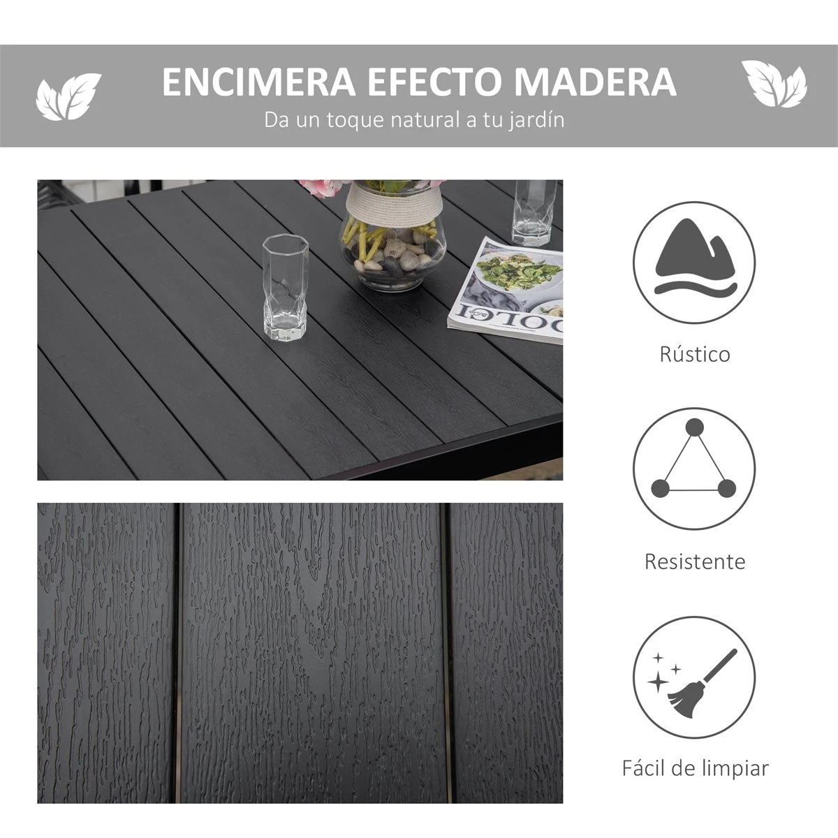 Outsunny Mesa De Jardín Rectangular Para 6 Personas Mesa De Comedor Exterior 140x90x74 Cm Con Encimera De Listones Y Estructura De Aluminio Para Terraza Balcón Negro 7 Outsunny Mesa De Jardín Rectangular Para 6 Personas Mesa De Comedor Exterior 140x90x74 Cm Con Encimera De Listones Y Estructura De Aluminio Para Terraza Balcón Negro - Imagen 5