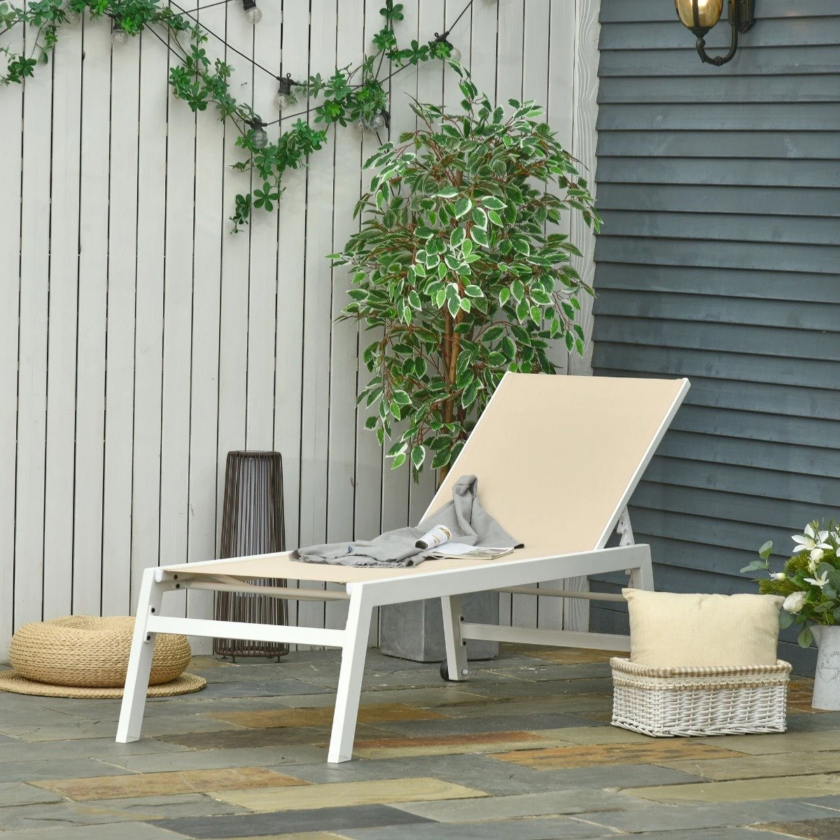 Outsunny Tumbona Multiposiciones De Jardín Con Respaldo Reclinable En 5 Posiciones De Aluminio Y Texteline Carga 160 Kg Para Patio Terraza 202x65x43 Cm Beige 4 Outsunny Tumbona Multiposiciones De Jardín Con Respaldo Reclinable En 5 Posiciones De Aluminio Y Texteline Carga 160 Kg Para Patio Terraza 202x65x43 Cm Beige - Imagen 2