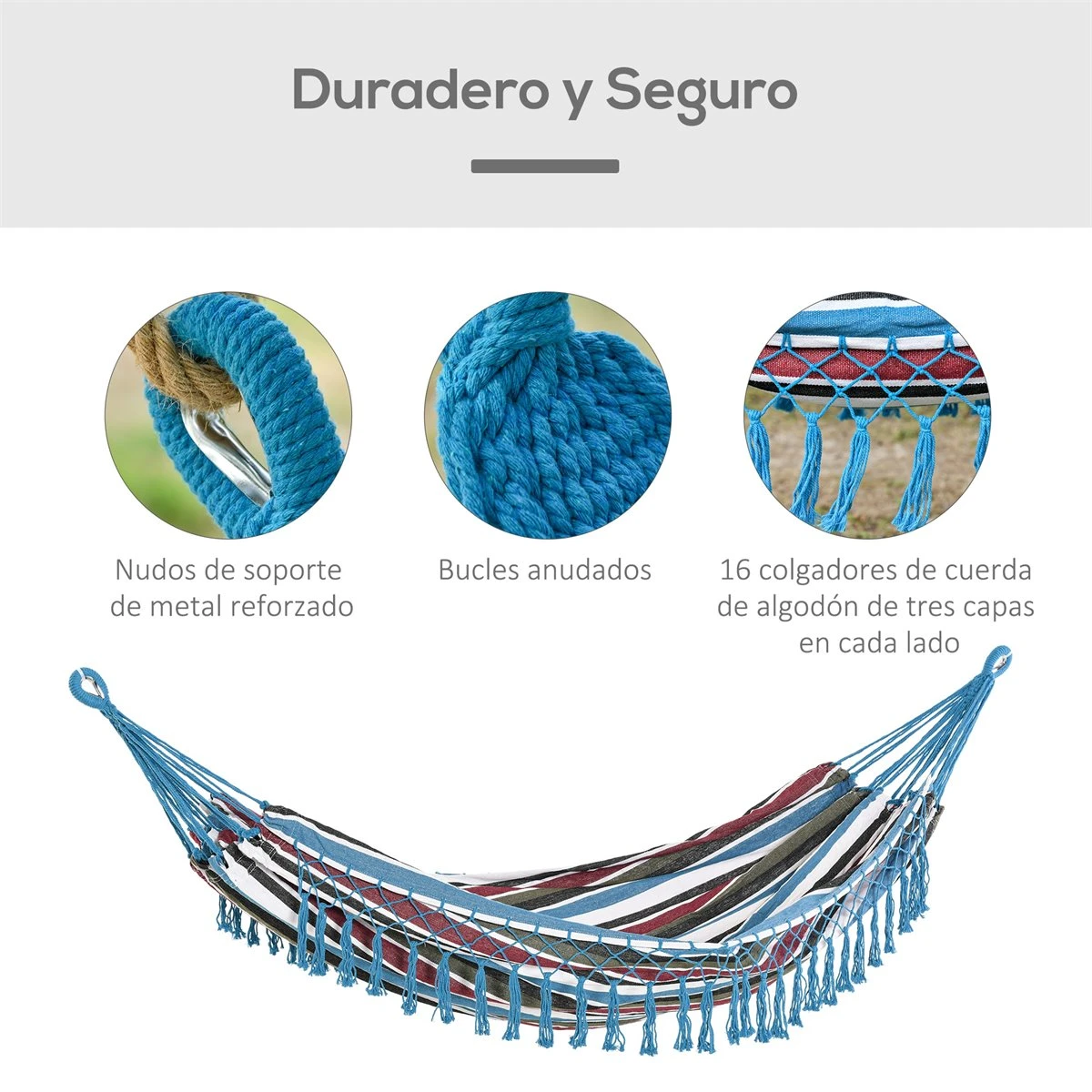 Outsunny Hamaca Doble Portátil De Algodón 285x150 Cm Con Bolsa De Transporte Para Exteriores Patio Jardín Playa Camping Carga 180 Kg Multicolor 7 Outsunny Hamaca Doble Portátil De Algodón 285x150 Cm Con Bolsa De Transporte Para Exteriores Patio Jardín Playa Camping Carga 180 Kg Multicolor - Imagen 5