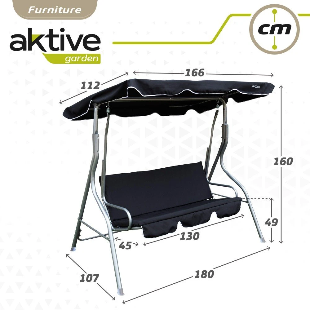 Balancín Para Jardín Negro C/toldo Inclinable 3 Plazas Aktive 9 Balancín Para Jardín Negro C/toldo Inclinable 3 Plazas Aktive - Imagen 7
