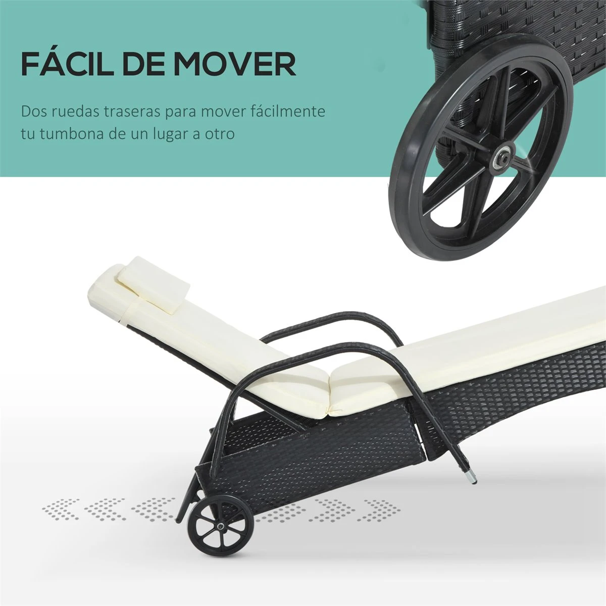 Outsunny Conjunto De 2 Tumbonas De Ratán De Jardín Chaise Longue Con Respaldo Ajustable En 5 Posiciones Cojines Acolchados Reposacabezas Y 2 Ruedas 200x73x72-103 Cm Negro 9 Outsunny Conjunto De 2 Tumbonas De Ratán De Jardín Chaise Longue Con Respaldo Ajustable En 5 Posiciones Cojines Acolchados Reposacabezas Y 2 Ruedas 200x73x72-103 Cm Negro - Imagen 7