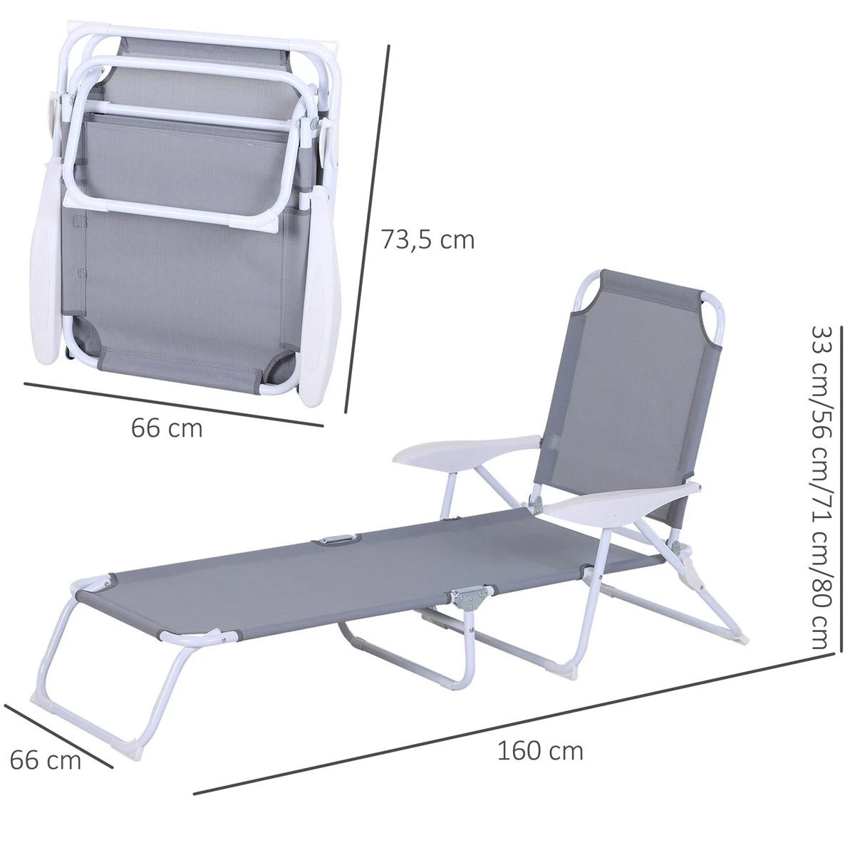 Outsunny Tumbona Reclinable Y Plegable De Jardín Con Respaldo Ajustable En 4 Posiciones Marco De Metal Texteline Transpirable 160x66x80 Cm Gris 5 Outsunny Tumbona Reclinable Y Plegable De Jardín Con Respaldo Ajustable En 4 Posiciones Marco De Metal Texteline Transpirable 160x66x80 Cm Gris - Imagen 3