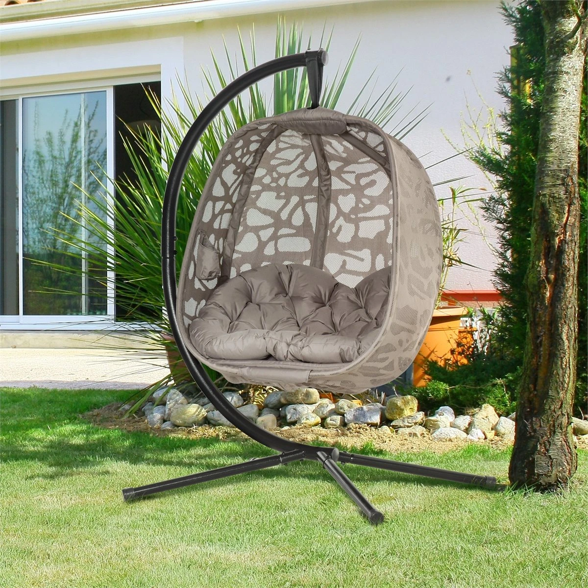 Outsunny Silla Colgante Con Soporte De Acero Sillón Colgante Hamaca Con Cesta Plegable Y Cojines Para Interiores Y Exterior Carga 120 Kg 126x96x172 Cm Marrón 4 Outsunny Silla Colgante Con Soporte De Acero Sillón Colgante Hamaca Con Cesta Plegable Y Cojines Para Interiores Y Exterior Carga 120 Kg 126x96x172 Cm Marrón - Imagen 2