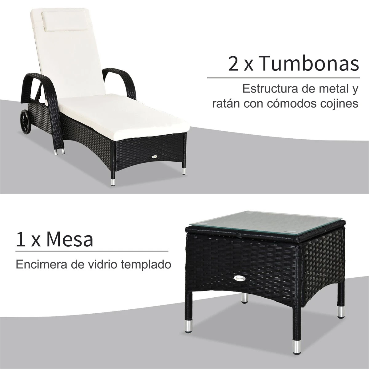 Outsunny Set De 2 Tumbonas Chaise Longue + 1 Mesa De Ratan Para Jardín O Terraza Sillas Con Cojín Y Respaldo Ajustable A 5 Niveles (Negro) 7 Outsunny Set De 2 Tumbonas Chaise Longue + 1 Mesa De Ratan Para Jardín O Terraza Sillas Con Cojín Y Respaldo Ajustable A 5 Niveles (Negro) - Imagen 5