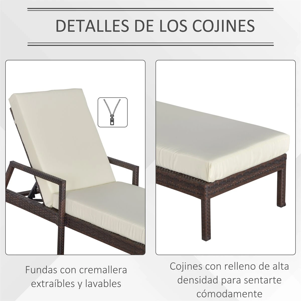 Outsunny Conjunto De 2 Tumbonas De Ratán De Jardín Con Cojines Acolchados Respaldo Ajustable En 5 Posiciones 2 Ruedas Y Tela Extraíble Lavable 67x196x51 Cm Crema 9 Outsunny Conjunto De 2 Tumbonas De Ratán De Jardín Con Cojines Acolchados Respaldo Ajustable En 5 Posiciones 2 Ruedas Y Tela Extraíble Lavable 67x196x51 Cm Crema - Imagen 7
