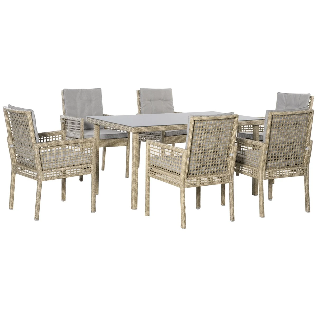 Outsunny Conjunto De Muebles De Comedor Para Jardín 7 Piezas 1 Mesa De Vidrio Y 6 Sillas De Ratán Con Respaldo Transpirable Y Cojines Acolchados Para Terraza Exterior Gris Y Natural 3 Outsunny Conjunto De Muebles De Comedor Para Jardín 7 Piezas 1 Mesa De Vidrio Y 6 Sillas De Ratán Con Respaldo Transpirable Y Cojines Acolchados Para Terraza Exterior Gris Y Natural