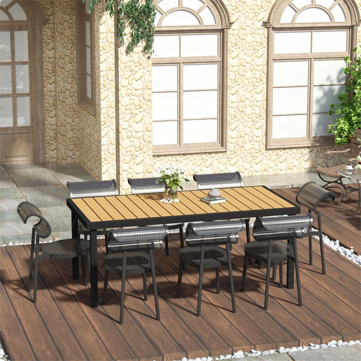 Outsunny Mesa De Jardín Rectangular Para 8 Personas Mesa De Comedor Exterior 190x90x74 Cm Con Encimera De Listones Y Estructura De Aluminio Para Terraza Balcón Natural Y Negro 4 Outsunny Mesa De Jardín Rectangular Para 8 Personas Mesa De Comedor Exterior 190x90x74 Cm Con Encimera De Listones Y Estructura De Aluminio Para Terraza Balcón Natural Y Negro - Imagen 2