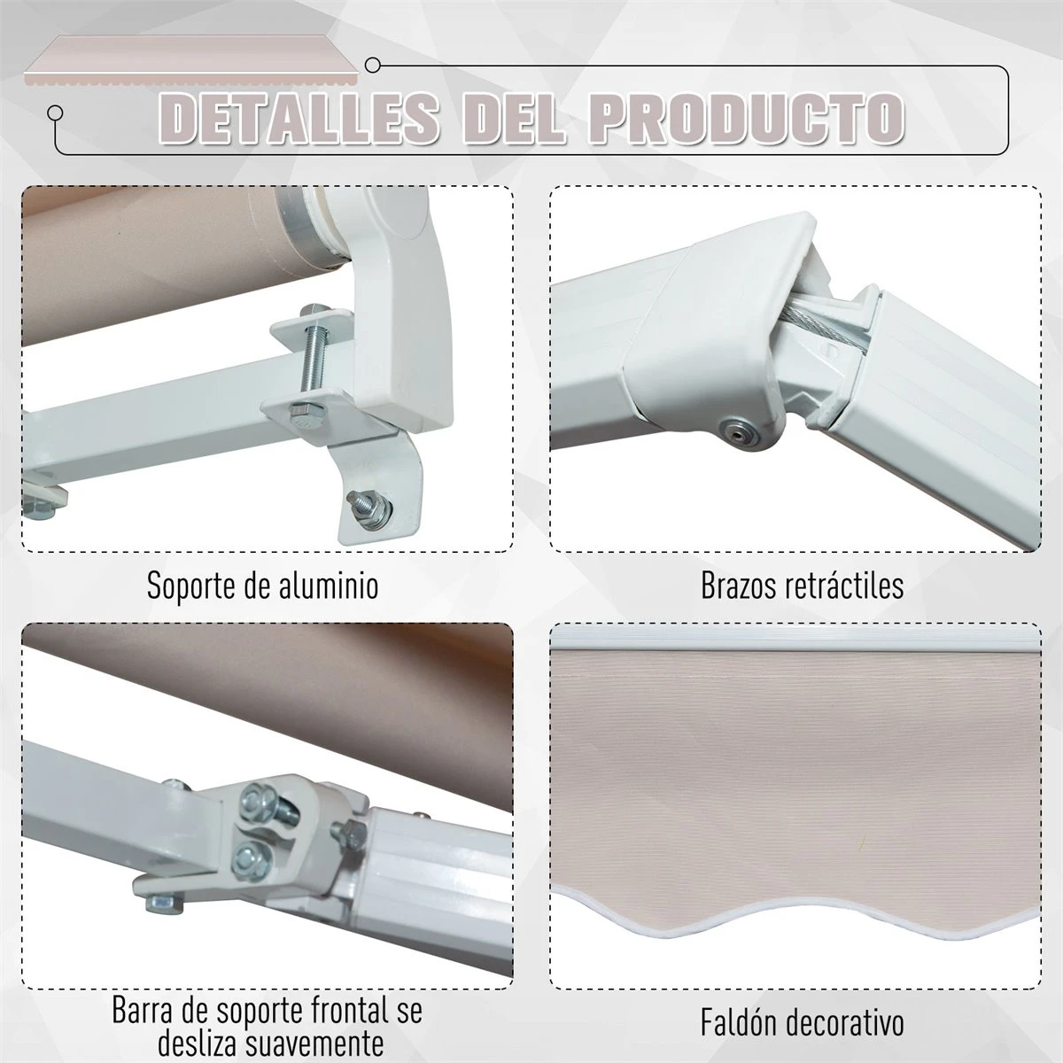 Outsunny Toldo Manual Con Manivela 3x2m Toldo Con Brazo Plegable Retráctil Ángulo Ajustable De Aluminio Protección Solar Para Puerta Ventanas Balcón Beige 9 Outsunny Toldo Manual Con Manivela 3x2m Toldo Con Brazo Plegable Retráctil Ángulo Ajustable De Aluminio Protección Solar Para Puerta Ventanas Balcón Beige - Imagen 7