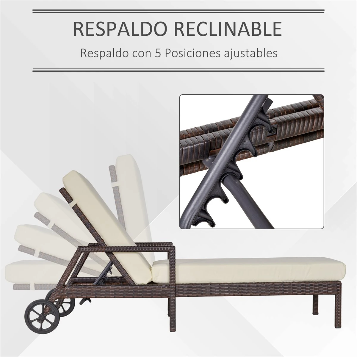 Outsunny Conjunto De 2 Tumbonas De Ratán De Jardín Con Cojines Acolchados Respaldo Ajustable En 5 Posiciones 2 Ruedas Y Tela Extraíble Lavable 67x196x51 Cm Crema 7 Outsunny Conjunto De 2 Tumbonas De Ratán De Jardín Con Cojines Acolchados Respaldo Ajustable En 5 Posiciones 2 Ruedas Y Tela Extraíble Lavable 67x196x51 Cm Crema - Imagen 5