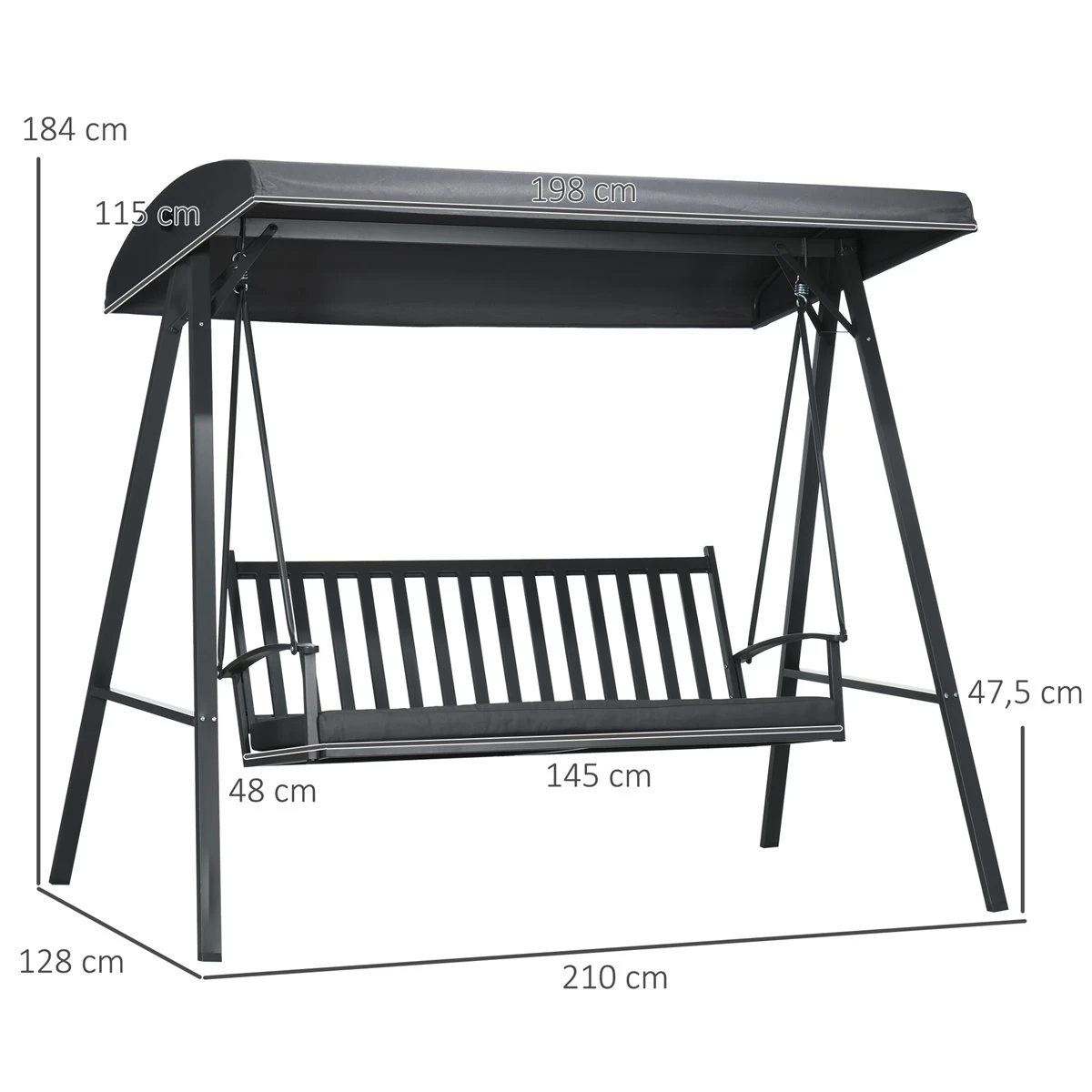 Outsunny Columpio De Jardín De 3 Plazas Silla Balancín Con Toldo Inclinable Cojín Extraíble Y Marco De Acero Para Terraza Piscina Patio Carga 360 Kg 210x128x184 Cm Gris Oscuro 5 Outsunny Columpio De Jardín De 3 Plazas Silla Balancín Con Toldo Inclinable Cojín Extraíble Y Marco De Acero Para Terraza Piscina Patio Carga 360 Kg 210x128x184 Cm Gris Oscuro - Imagen 3