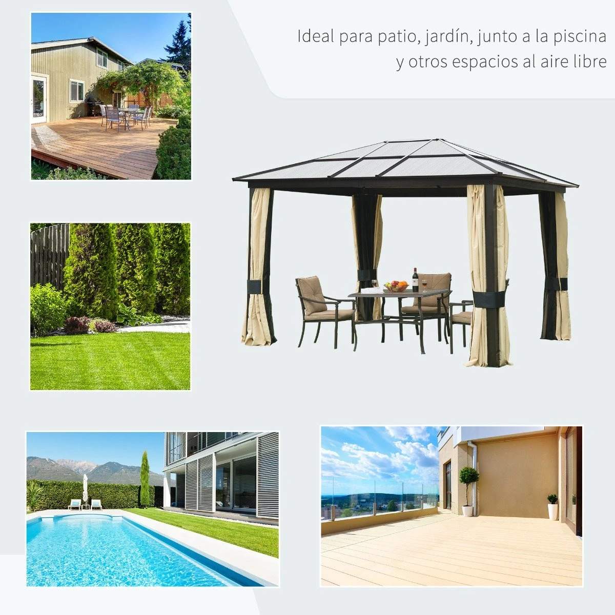 Outsunny Cenador Para Jardín 3x3.6 M Alumnio Pabellón Para Exterior Con Techo De Policarbonato Anti-UV Y 4 Mosquiteras Laterales Con Cremalleras Para Fiestas Eventos Beige 9 Outsunny Cenador Para Jardín 3x3.6 M Alumnio Pabellón Para Exterior Con Techo De Policarbonato Anti-UV Y 4 Mosquiteras Laterales Con Cremalleras Para Fiestas Eventos Beige - Imagen 7