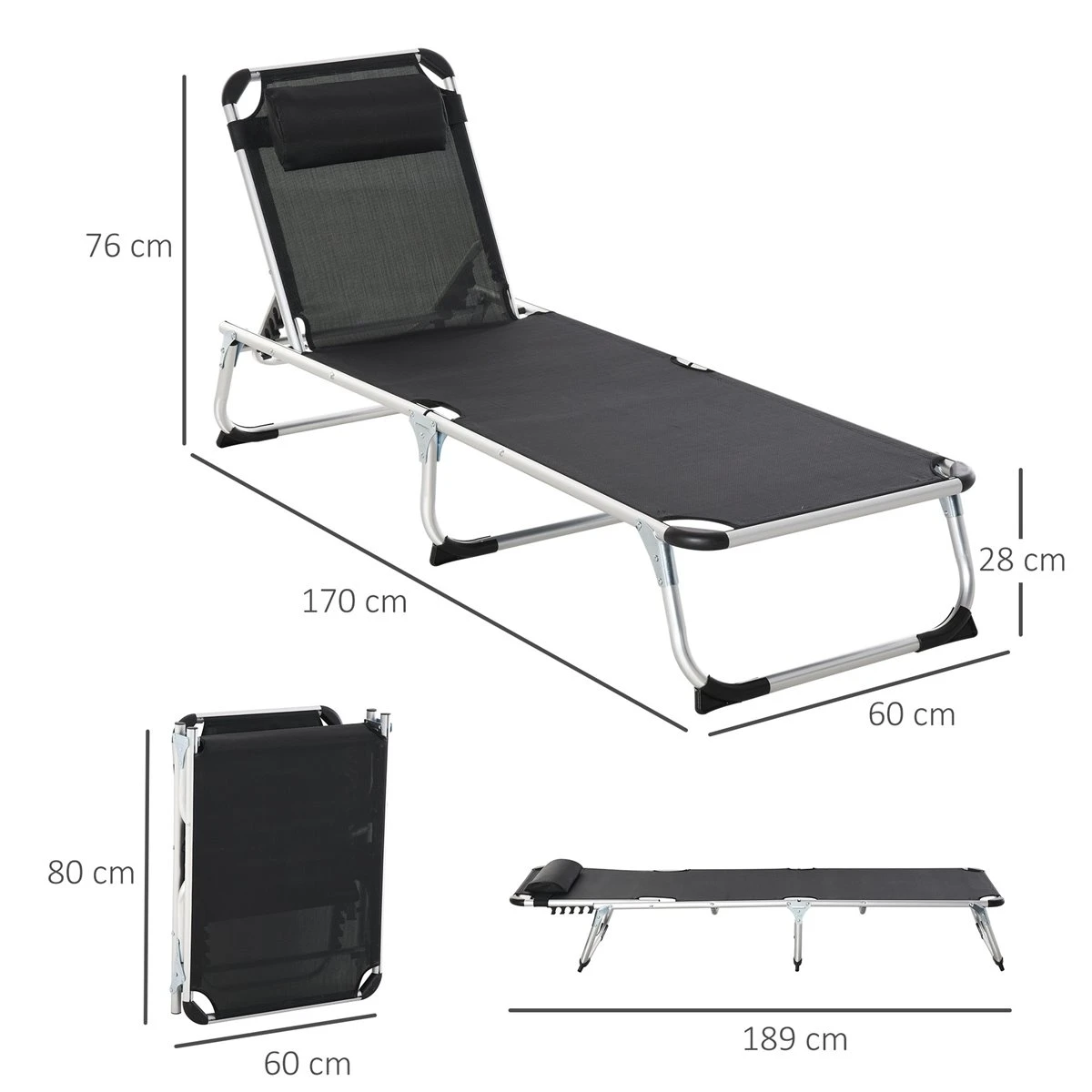 Outsunny Tumbona Plegable Reclinable De Aluminio Con Reposacabezas Extraíble Y Respaldo Transpirable Ajustable En 4 Posiciones Para Jardín Terraza Camping Exterior 170x60x76 Cm Negro 5 Outsunny Tumbona Plegable Reclinable De Aluminio Con Reposacabezas Extraíble Y Respaldo Transpirable Ajustable En 4 Posiciones Para Jardín Terraza Camping Exterior 170x60x76 Cm Negro - Imagen 3