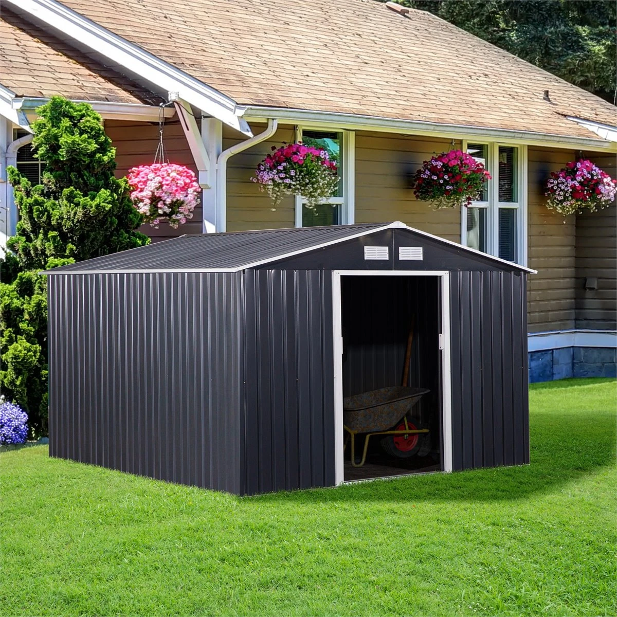 Outsunny Cobertizo De Jardín 322x277x192 Cm Base De 8,25 M² Caseta De Exterior Metálica Para Almacenamiento De Herramientas Con 2 Puertas Correderas Y 4 Ventanas Gris 4 Outsunny Cobertizo De Jardín 322x277x192 Cm Base De 8,25 M² Caseta De Exterior Metálica Para Almacenamiento De Herramientas Con 2 Puertas Correderas Y 4 Ventanas Gris - Imagen 2