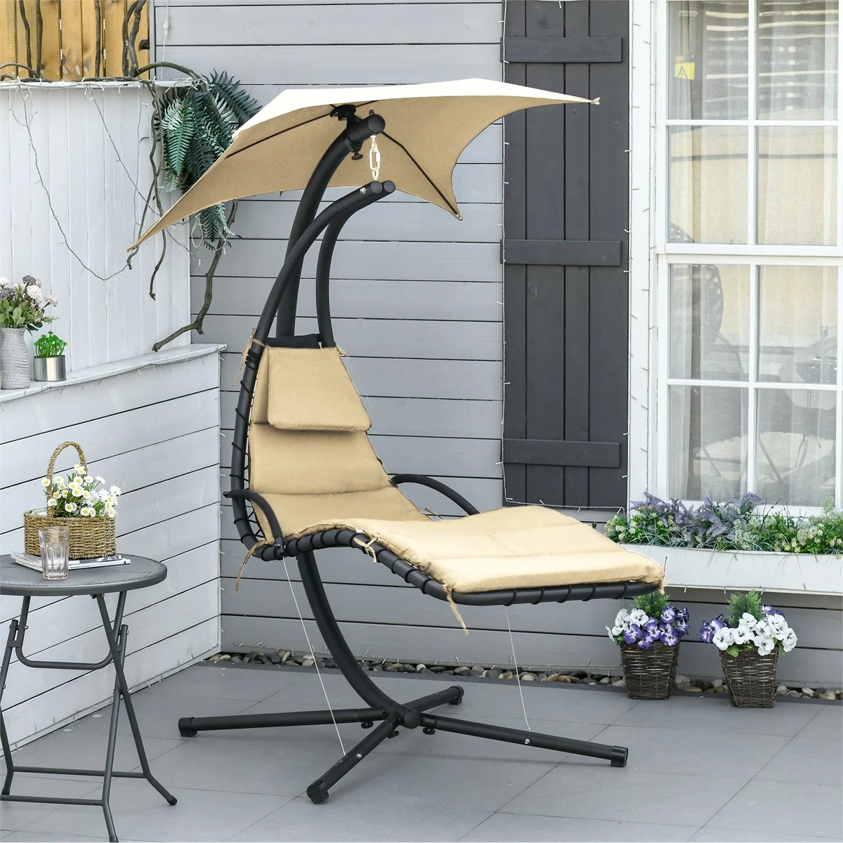 Outsunny Tumbona Colgante Con Sombrilla Protección UV Hamaca Sillón Con Toldo Estructura Estable Cuerda Antivuelco Y Forma Ergonómico Para Jardín Patio Terraza Metal 190x110x190 Cm Beige 4 Outsunny Tumbona Colgante Con Sombrilla Protección UV Hamaca Sillón Con Toldo Estructura Estable Cuerda Antivuelco Y Forma Ergonómico Para Jardín Patio Terraza Metal 190x110x190 Cm Beige - Imagen 2