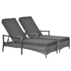 Outsunny Conjunto De 2 Tumbonas De Ratán De Jardín Chaise Longue Con Respaldo Ajustable En 4 Posiciones Cojines Acolchados Y Desenfundables Para Terraza Patio Exterior 192x62,5x58-95 Cm Gris