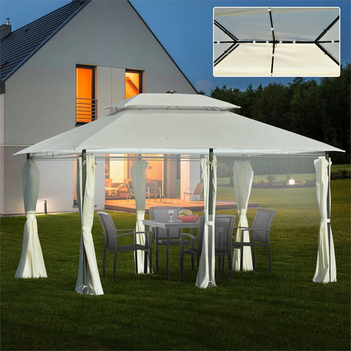 Outsunny Carpa De Jardín 4x3 M Cenador Con Doble Techo 6 Cortinas Laterales Luz LED Con Panel Solar Para Patio Terraza Color Crema 4 Outsunny Carpa De Jardín 4x3 M Cenador Con Doble Techo 6 Cortinas Laterales Luz LED Con Panel Solar Para Patio Terraza Color Crema - Imagen 2