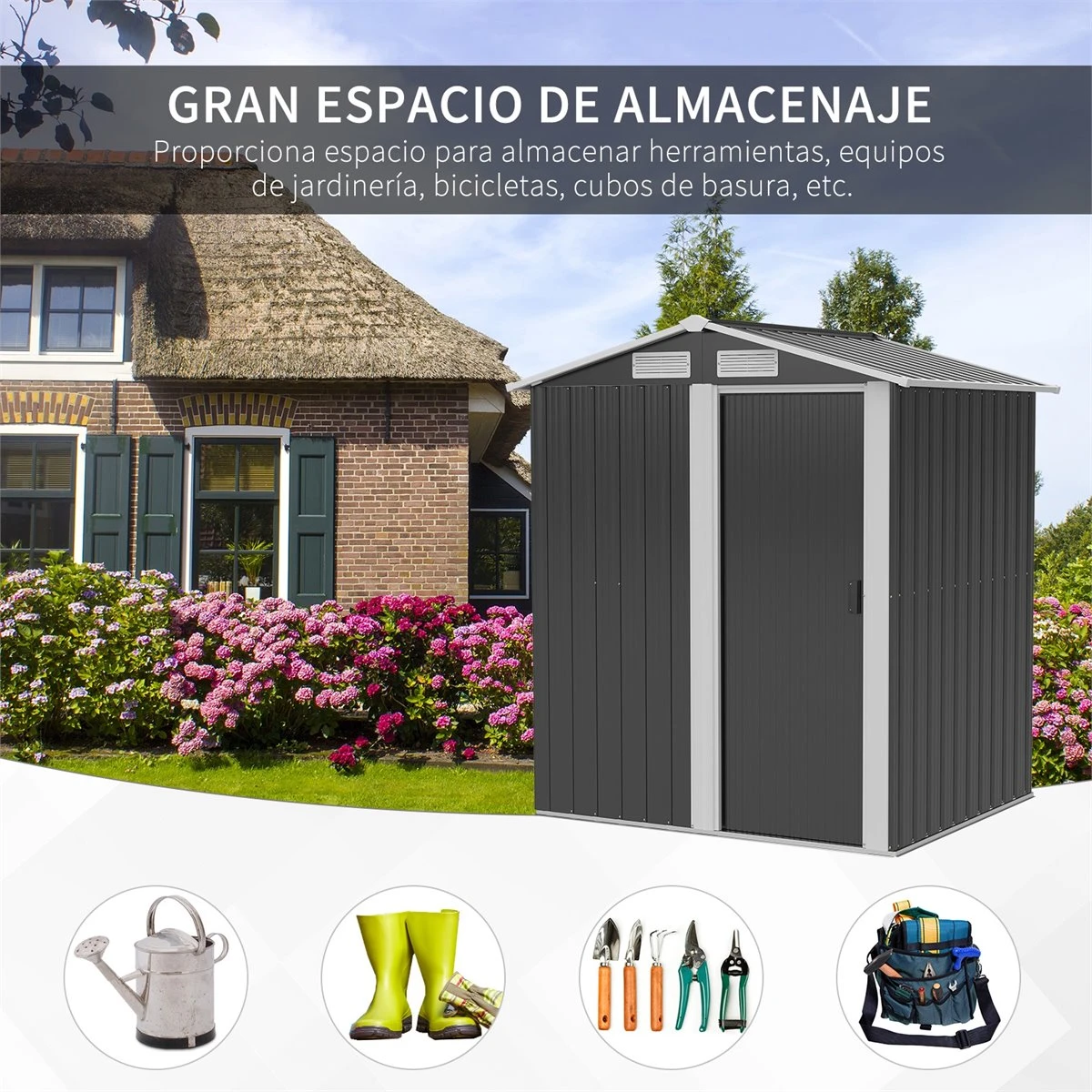Outsunny Caseta De Jardín De 2 M² 152x132x188 Cm Cobertizo Exterior De Acero Galvanizado Con Puerta Corredera Y Ventilaciones Para Almacenamiento De Herramientas Base Incluida Gris 6 Outsunny Caseta De Jardín De 2 M² 152x132x188 Cm Cobertizo Exterior De Acero Galvanizado Con Puerta Corredera Y Ventilaciones Para Almacenamiento De Herramientas Base Incluida Gris - Imagen 4
