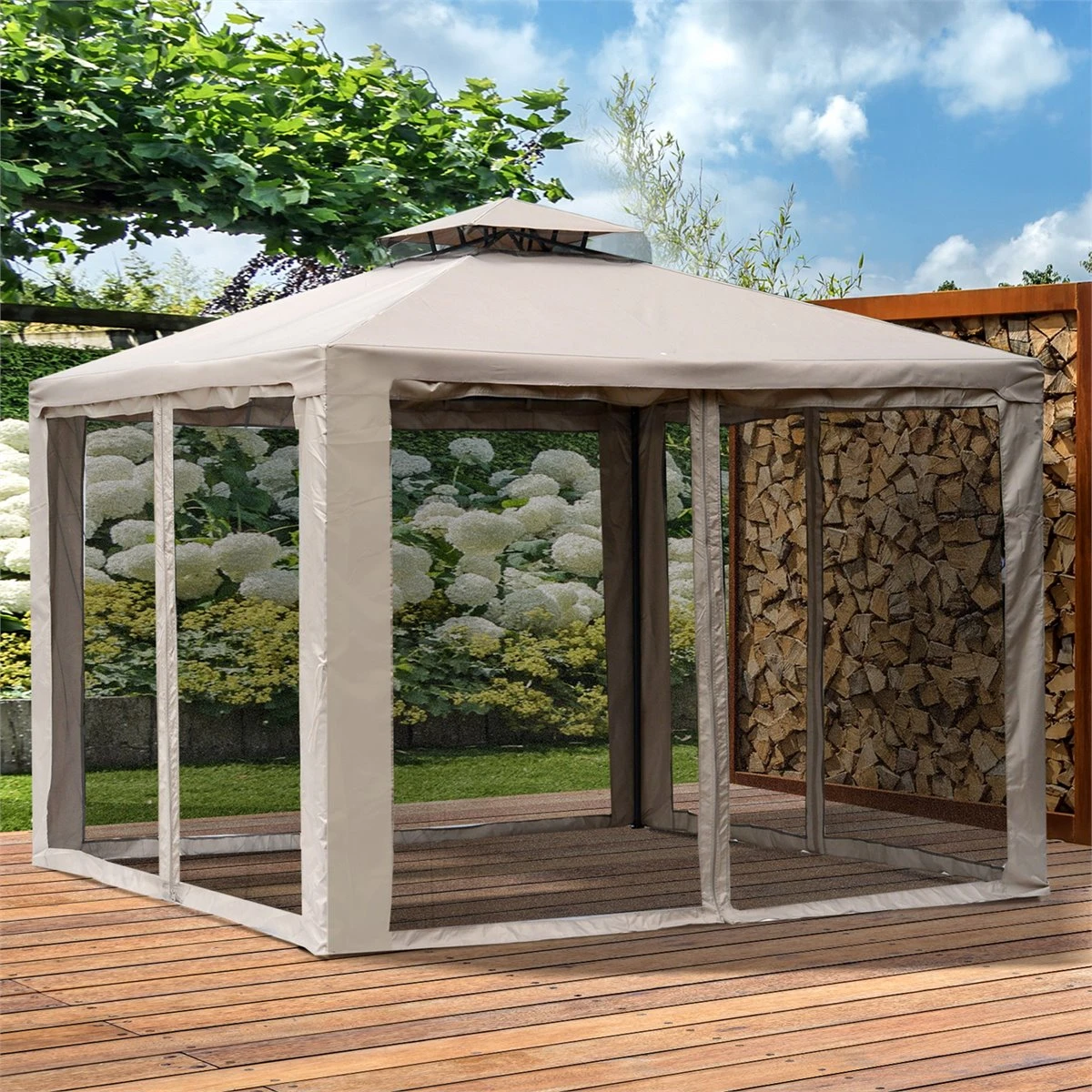 Outsunny Cenador De Jardín 3x3 M Pabellón De Exterior Con Doble Techo De Ventilación 4 Cortinas Mosquiteras Laterales Con Cremallera 4 Orificios De Drenaje Para Fiestas Patio Marrón Pardo 4 Outsunny Cenador De Jardín 3x3 M Pabellón De Exterior Con Doble Techo De Ventilación 4 Cortinas Mosquiteras Laterales Con Cremallera 4 Orificios De Drenaje Para Fiestas Patio Marrón Pardo - Imagen 2