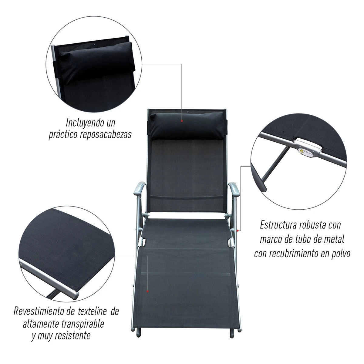 Outsunny Tumbona Plegable Respaldo Ajustable A 7 Niveles Con Almohada Texteline Resistente Relax En Exterior Piscina Terraza Camping 137x63.5x100.5cm Acero 8 Outsunny Tumbona Plegable Respaldo Ajustable A 7 Niveles Con Almohada Texteline Resistente Relax En Exterior Piscina Terraza Camping 137x63.5x100.5cm Acero - Imagen 6