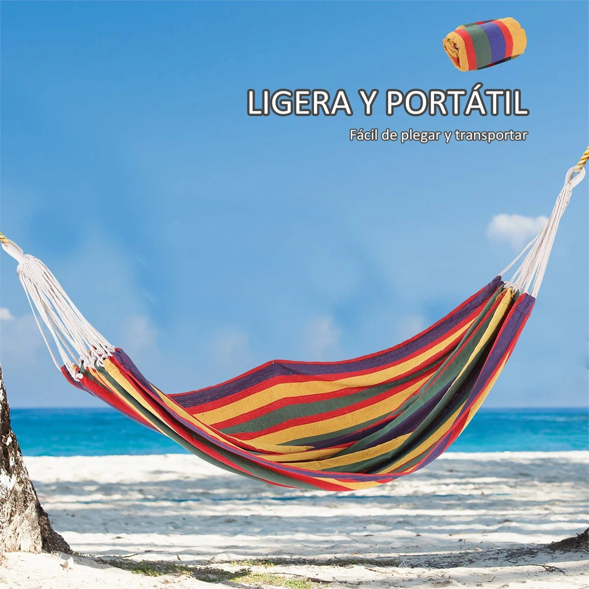 Outsunny Hamaca De Algodón Para Jardín 200x100 Cm Hamaca Colgante Portátil Carga Máx. 120 Kg Para Acampar Piscina Camping Rayas Multicolor 9 Outsunny Hamaca De Algodón Para Jardín 200x100 Cm Hamaca Colgante Portátil Carga Máx. 120 Kg Para Acampar Piscina Camping Rayas Multicolor - Imagen 7