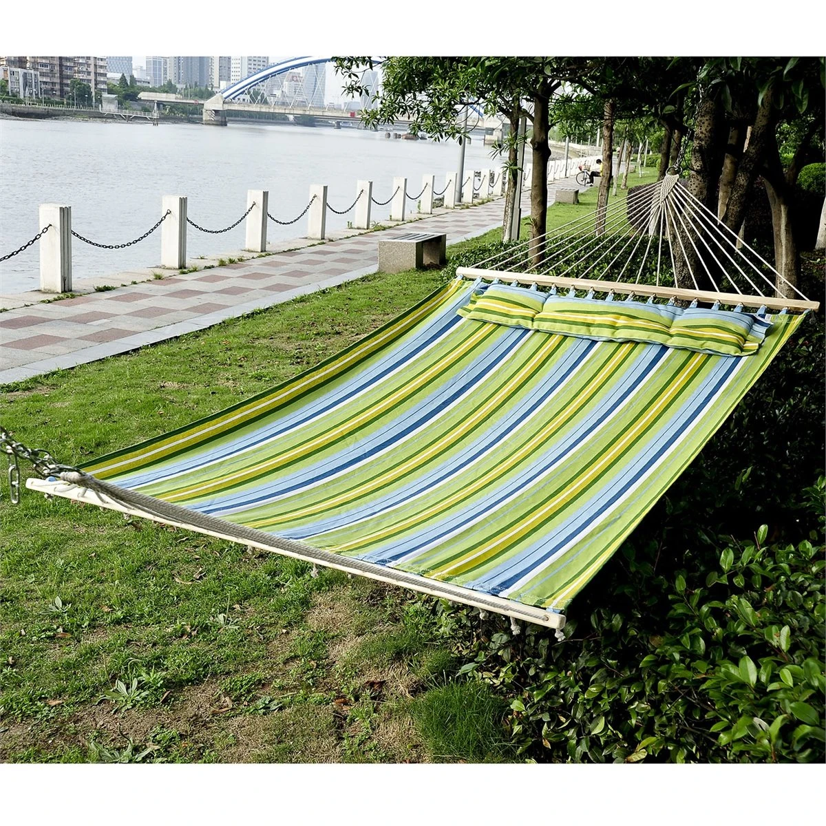 Outsunny Hamaca Colgante De Jardín Para 2 Personas Hamaca Ecológico Para Camping Con Almohada Carga De 180 Kg Rayas Azules Y Verdes 3,4x1,4m 12 Outsunny Hamaca Colgante De Jardín Para 2 Personas Hamaca Ecológico Para Camping Con Almohada Carga De 180 Kg Rayas Azules Y Verdes 3,4x1,4m - Imagen 10