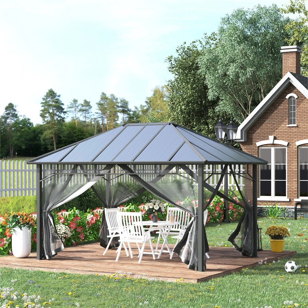 Outsunny Cenador De Jardín 4x3 M Aluminio Pabellón Para Exterior Con Techo De Policarbonato Y 4 Mosquiteras Laterales Con Cremalleras Para Fiestas Eventos Gris 4 Outsunny Cenador De Jardín 4x3 M Aluminio Pabellón Para Exterior Con Techo De Policarbonato Y 4 Mosquiteras Laterales Con Cremalleras Para Fiestas Eventos Gris - Imagen 2