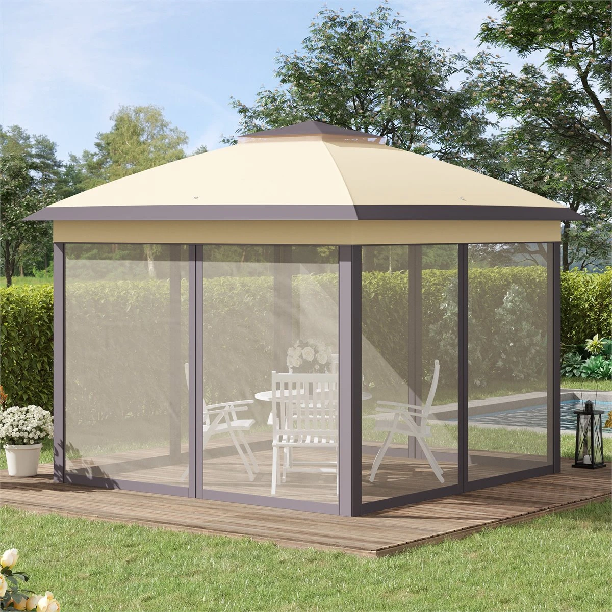 Outsunny Carpa Plegable Exterior 3,3x3,3x2,88 M Altura Ajustable Cenador De Jardín Con Doble Techo 4 Mosquiteras Extraíbles Y Bolsa De Transporte Para Camping Fiestas Beige 4 Outsunny Carpa Plegable Exterior 3,3x3,3x2,88 M Altura Ajustable Cenador De Jardín Con Doble Techo 4 Mosquiteras Extraíbles Y Bolsa De Transporte Para Camping Fiestas Beige - Imagen 2