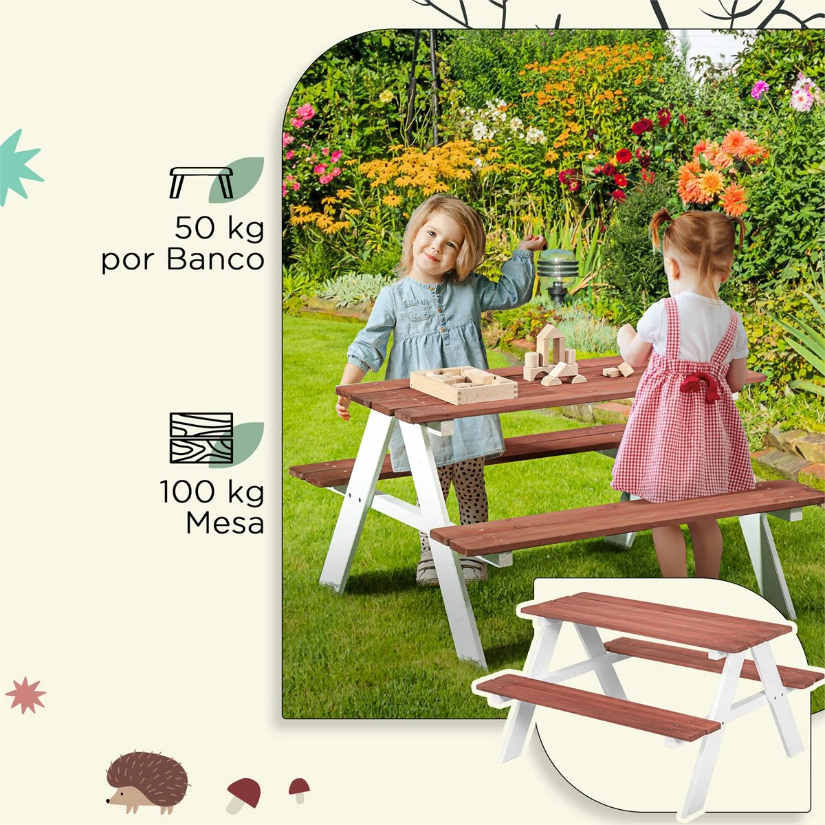 Outsunny Juego De Mesa Y 2 Bancos Infantiles De Madera Mesa De Picnic Para Niños De 3-8 Años Para Jardín Patio Terraza 89x79x50 Cm Marrón 7 Outsunny Juego De Mesa Y 2 Bancos Infantiles De Madera Mesa De Picnic Para Niños De 3-8 Años Para Jardín Patio Terraza 89x79x50 Cm Marrón - Imagen 5