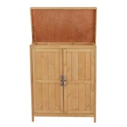 Outsunny Armario De Jardín De Madera 74x43x88 Cm Cobertizo Exterior Para Almacenamiento De Herramientas Leñas Con 2 Puertas Y Techo Asfáltico Abatible Natural -OUTSUNNY TIENDA f3e10be172a27e5f491247d0de4dce53bee192d5 2b732b556f6e447bb04efaa240bd48ce