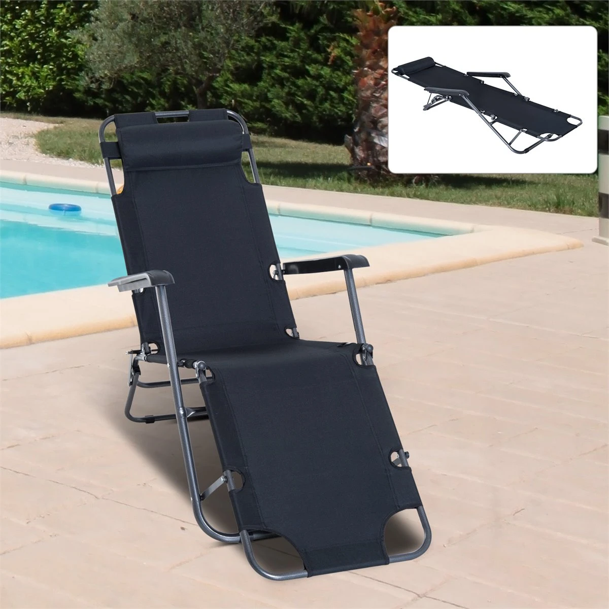 Outsunny Tumbona Reclinable Y Plegable Con Respaldo Ajustable Reposabrazos Almohada Y Reposapiés Para Jardín Balcón Carga 136 Kg 135x60x89 Cm Negro 4 Outsunny Tumbona Reclinable Y Plegable Con Respaldo Ajustable Reposabrazos Almohada Y Reposapiés Para Jardín Balcón Carga 136 Kg 135x60x89 Cm Negro - Imagen 2