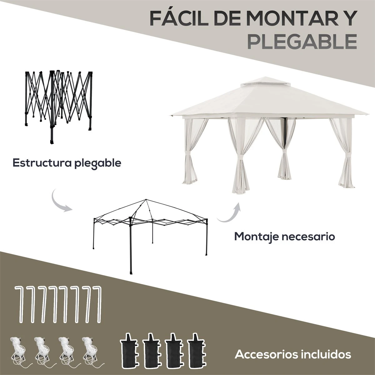 Outsunny Carpa Plegable Pop-up 3,92x3,92x2,83 M Cenador De Jardín Con Altura Ajustable Protección UV50+ Doble Techo Mosquiteras Y Bolsa De Ruedas Para Fiestas Camping Crema 6 Outsunny Carpa Plegable Pop-up 3,92x3,92x2,83 M Cenador De Jardín Con Altura Ajustable Protección UV50+ Doble Techo Mosquiteras Y Bolsa De Ruedas Para Fiestas Camping Crema - Imagen 4