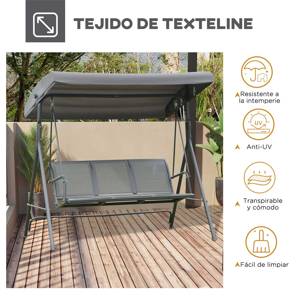 Outsunny Columpio Balancín Jardín De 3 Plazas Con Techo Parasol Ajustable Respaldo Transpirable Y Marco De Acero Para Terraza Balcón Exterior 175x118x159 Cm Gris 9 Outsunny Columpio Balancín Jardín De 3 Plazas Con Techo Parasol Ajustable Respaldo Transpirable Y Marco De Acero Para Terraza Balcón Exterior 175x118x159 Cm Gris - Imagen 7