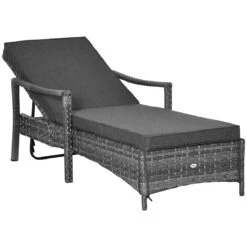 Outsunny Tumbona De Ratán De Jardín Chaise Longue Con Respaldo Ajustable En 4 Posiciones Cojines Acolchados Y Desenfundables Para Terraza Patio Exterior 192x62,5x58-95 Cm Gris