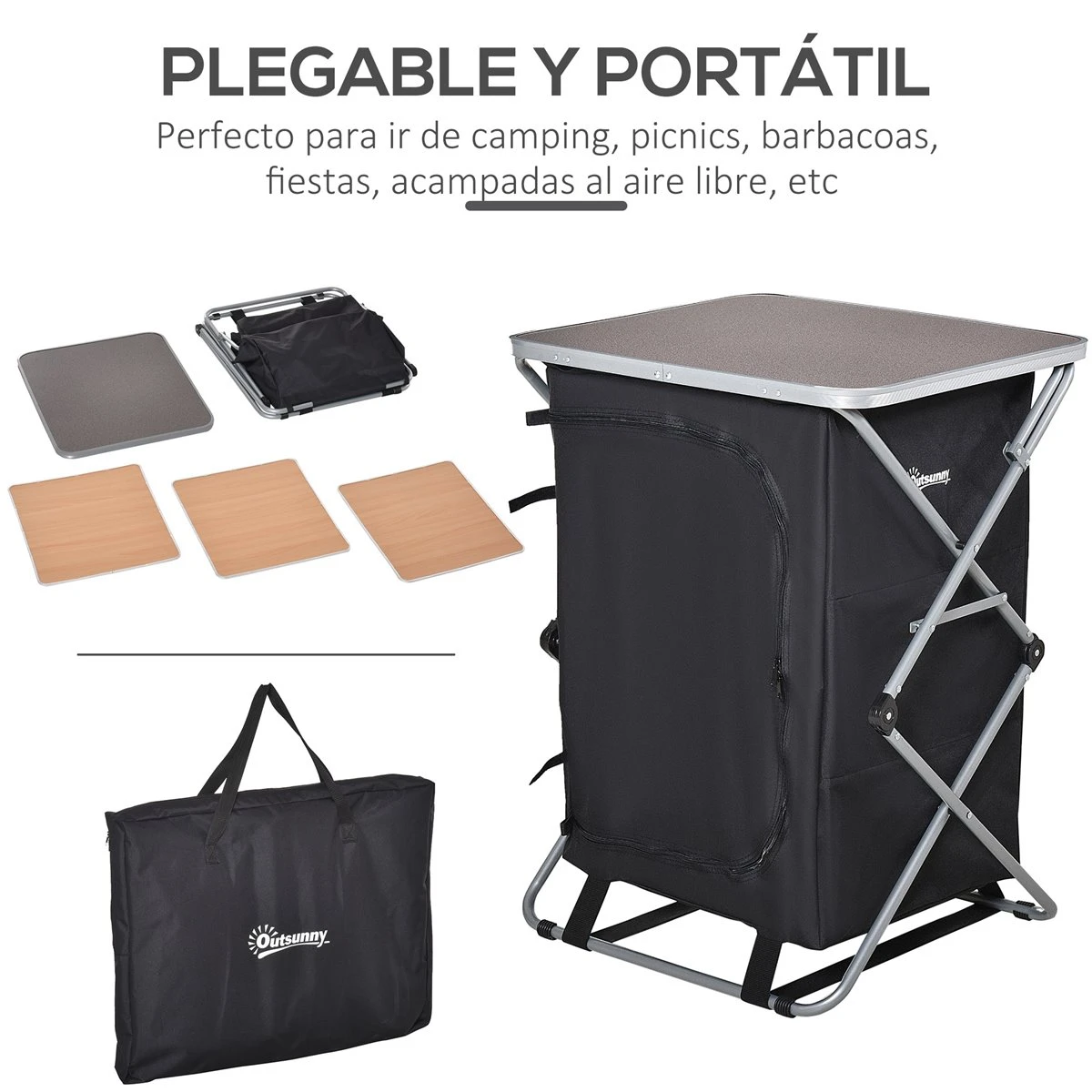 Outsunny Armario Cocina De Camping Plegable Con Paravientos 3 Estantes Bolsa De Almacenamiento Encimera 58X65x93 Cm Para Exterior Acampadas Picnics Tela Oxford Negro 6 Outsunny Armario Cocina De Camping Plegable Con Paravientos 3 Estantes Bolsa De Almacenamiento Encimera 58X65x93 Cm Para Exterior Acampadas Picnics Tela Oxford Negro - Imagen 4