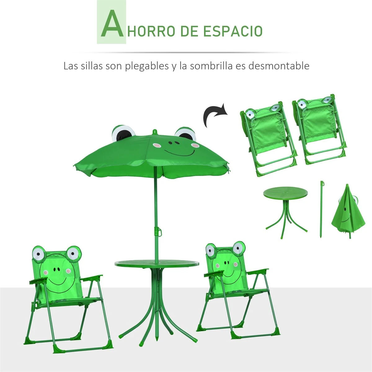 Outsunny Set De Mesa Y Sillas Infantil De Jardín Conjunto De Picnic Plegable Para Niños Juego De Mesa Con Sombrilla Ajustable En Altura De 100-125 Cm Diseño De Rana Verde 6 Outsunny Set De Mesa Y Sillas Infantil De Jardín Conjunto De Picnic Plegable Para Niños Juego De Mesa Con Sombrilla Ajustable En Altura De 100-125 Cm Diseño De Rana Verde - Imagen 4