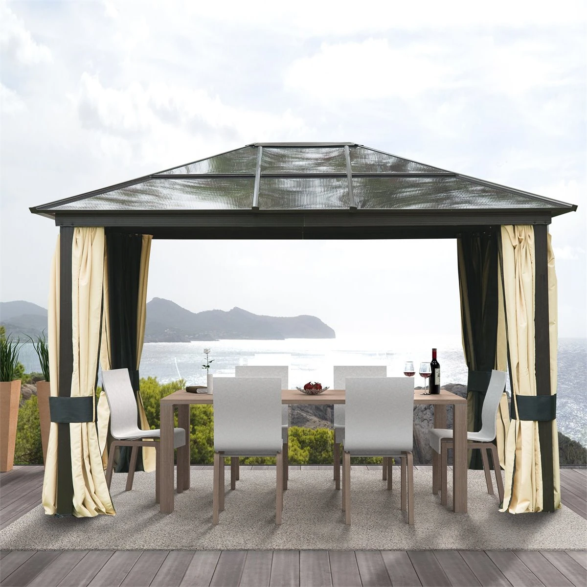 Outsunny Cenador Para Jardín 3x3.6 M Alumnio Pabellón Para Exterior Con Techo De Policarbonato Anti-UV Y 4 Mosquiteras Laterales Con Cremalleras Para Fiestas Eventos Beige 4 Outsunny Cenador Para Jardín 3x3.6 M Alumnio Pabellón Para Exterior Con Techo De Policarbonato Anti-UV Y 4 Mosquiteras Laterales Con Cremalleras Para Fiestas Eventos Beige - Imagen 2