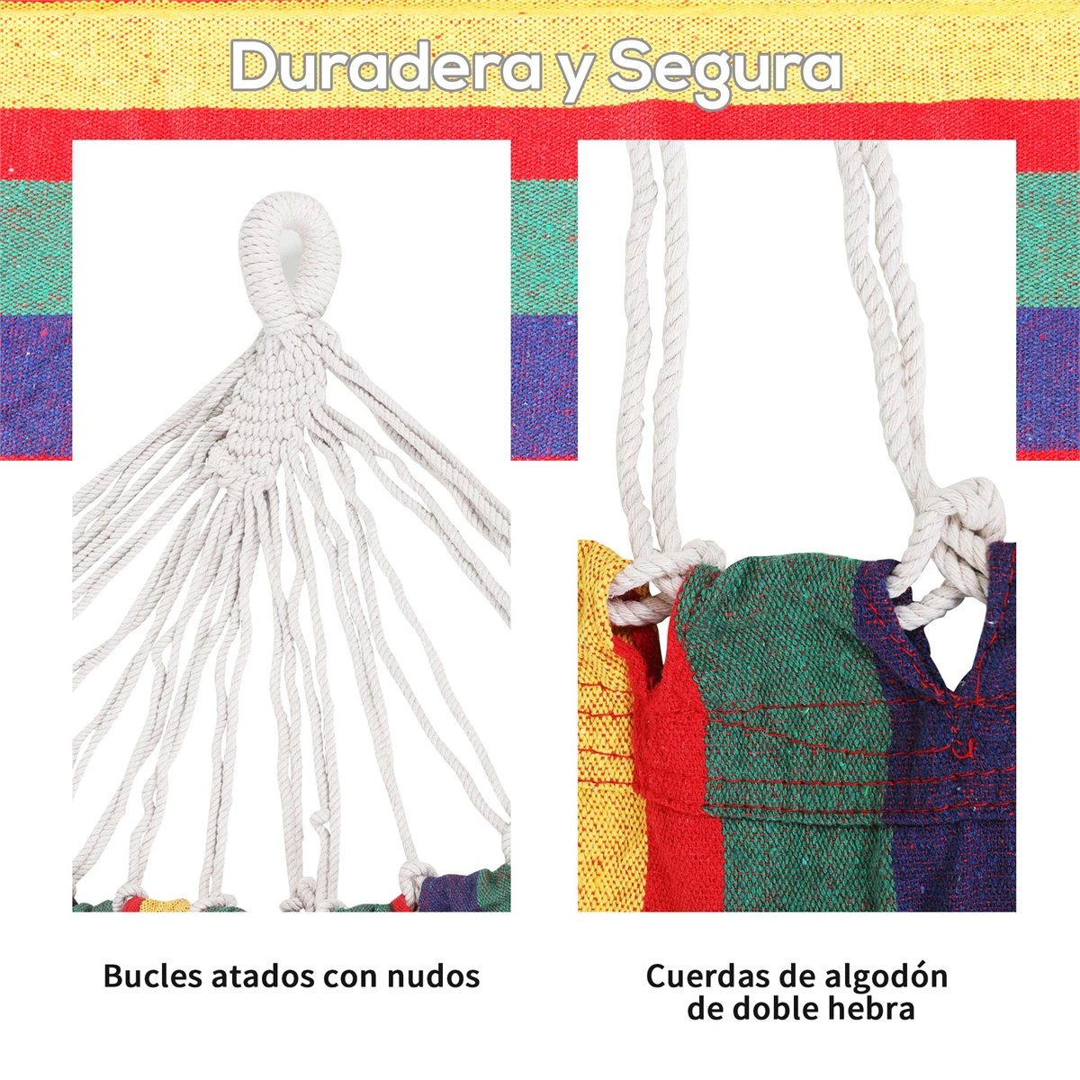 Outsunny Hamaca De Algodón Para Jardín 210x150 Cm Hamaca Colgante Portátil Carga Máx. 180 Kg Para Acampar Piscina Camping Rayas Multicolor 6 Outsunny Hamaca De Algodón Para Jardín 210x150 Cm Hamaca Colgante Portátil Carga Máx. 180 Kg Para Acampar Piscina Camping Rayas Multicolor - Imagen 4